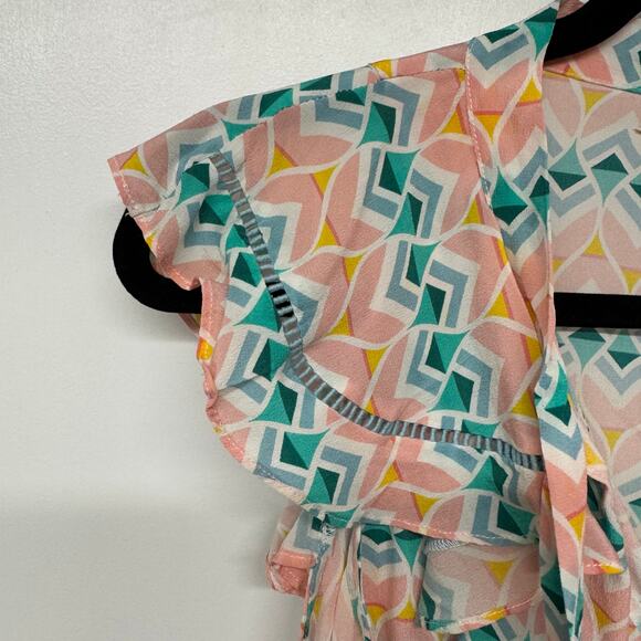 Paloma Blue Sophia Blouse Top Geometric Flutter Sleeve Tie V Neck Size Small - Picture 4 of 9